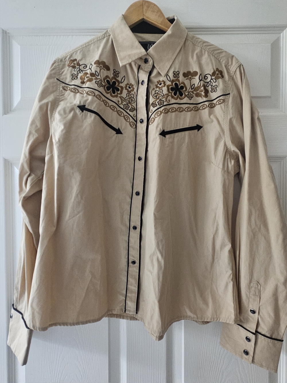 Beige Embroidered Western Shirt - Casual Women’s Button-Up